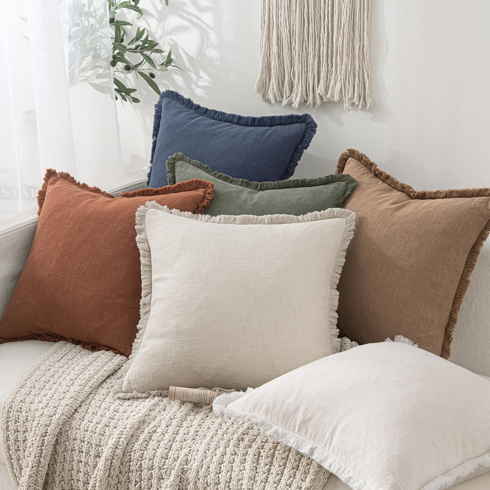 MIULEE Boho Linen Fringe Decorative Throw Pillow Covers Indigo Blue 20x20