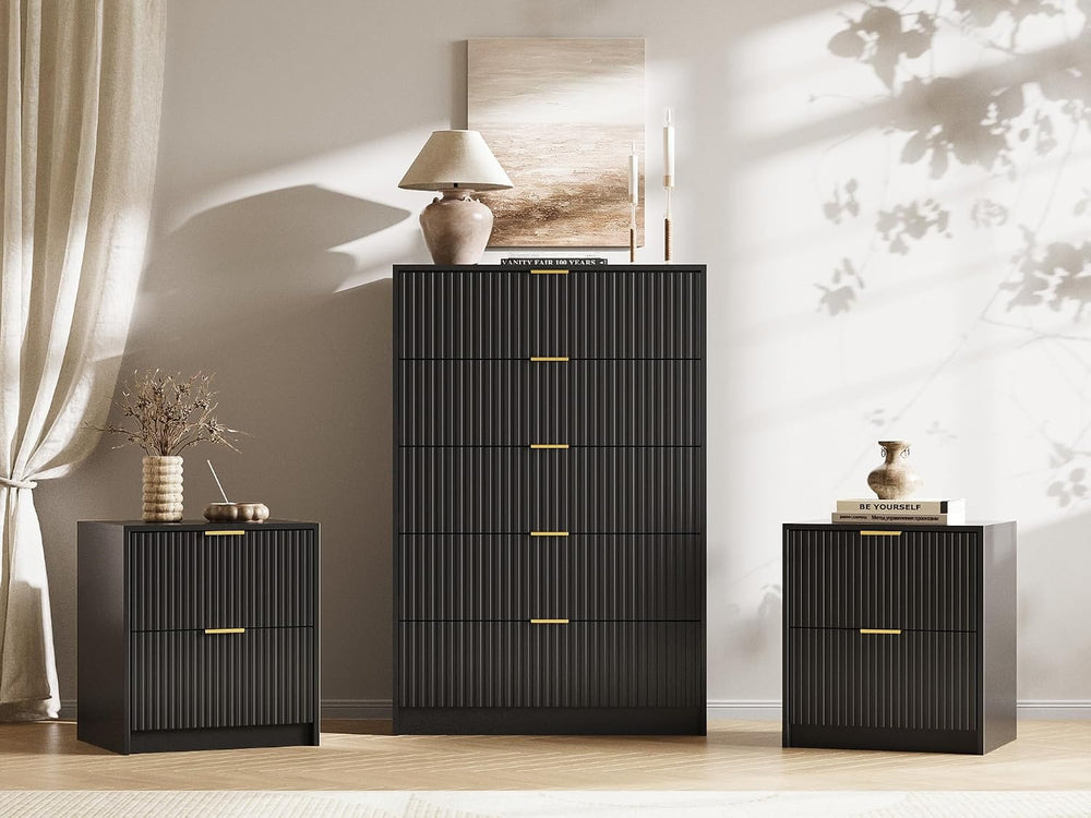 Black 3-Piece Bedroom Set, 5-Drawer Dresser & 2-Drawer Nightstands