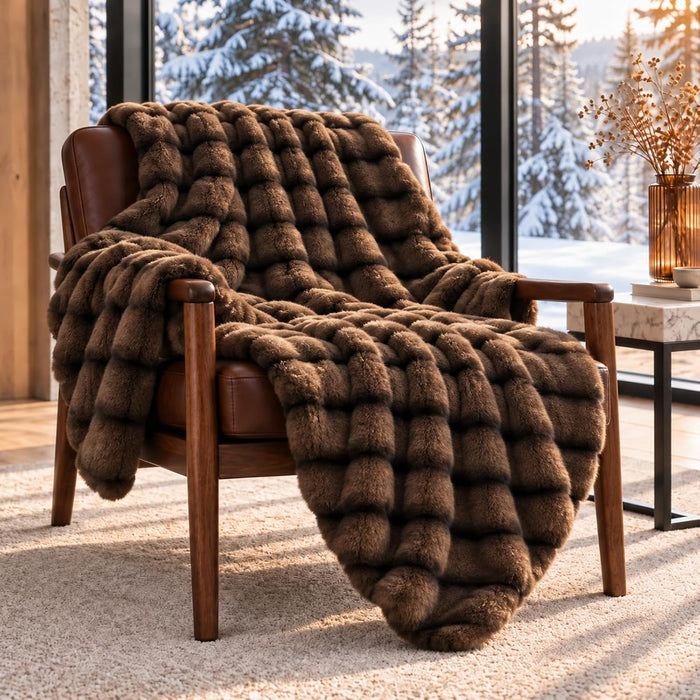 Vamcheer Faux Rabbit Fur Throw Blanket King Blanket for Bed, Brown 108x90