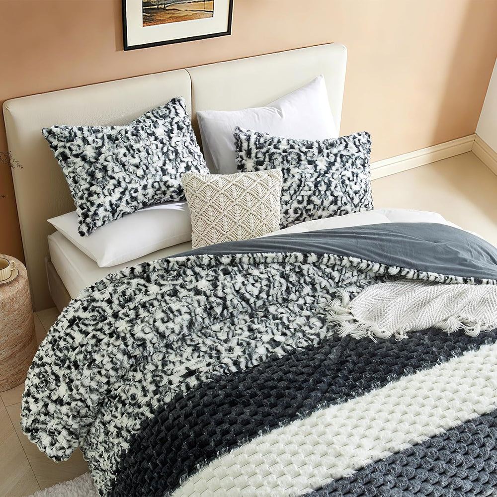 Petrichor Fluffy King Comforter Set - Black and White Striped Faux Fur Blanke...