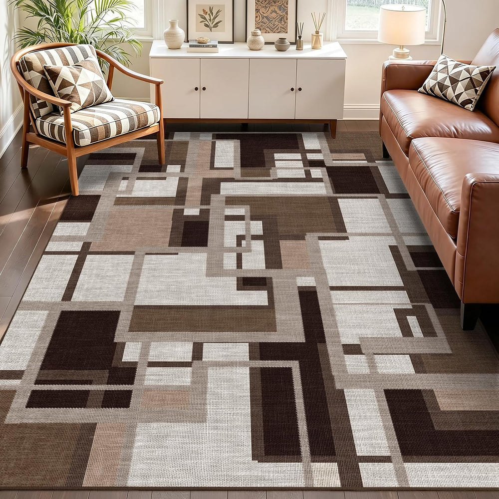 Modern Geometric Area Rug for Living Room, Coffee Brown Washable Rugs 5x7
