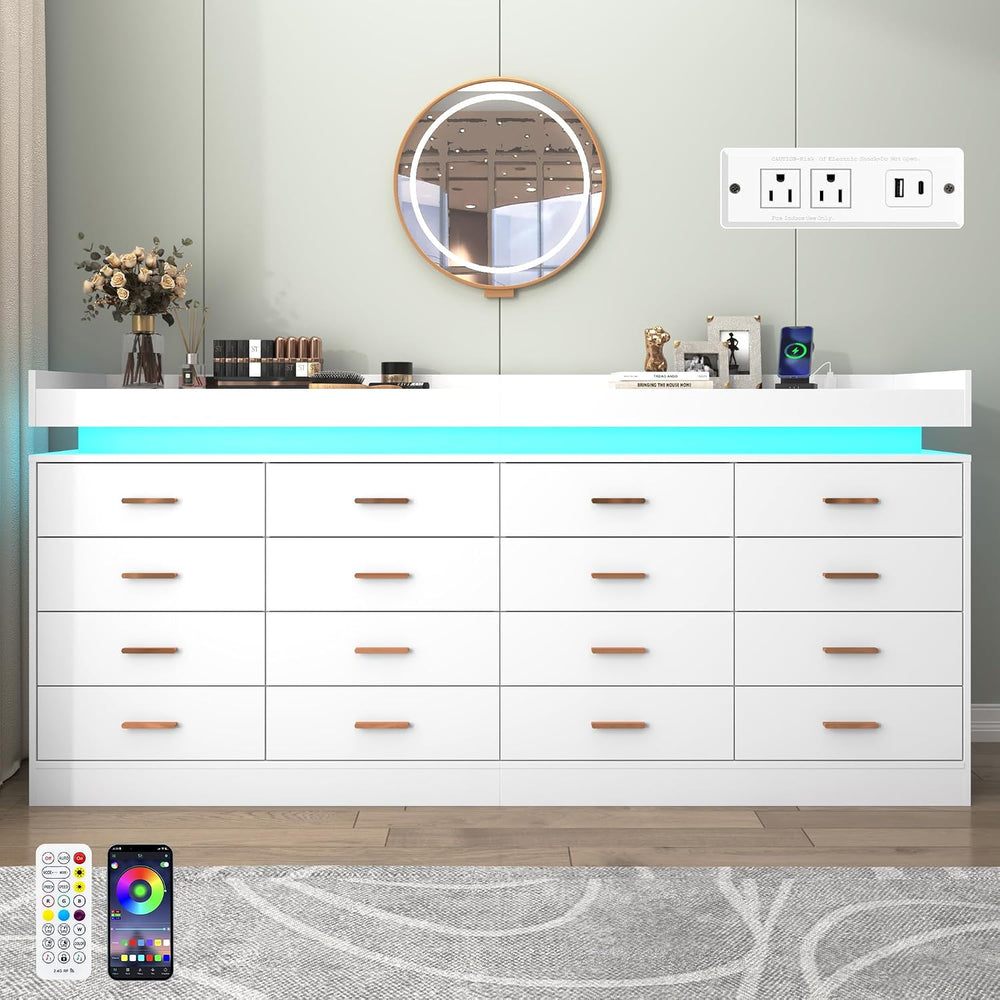 16 Drawer Dresser with LED Light and Charging Station, Modern Chest of Drawer...