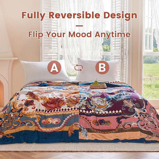 MSGKV Boho Throw Blanket 60"x80" Bed Floral 100% Cotton Blanket Spring