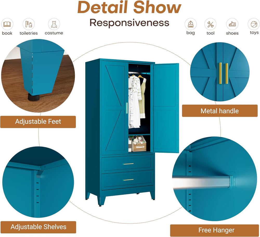 71" Metal Wardrobe Closet Clothing Storage Cabinet with 2 Drawers