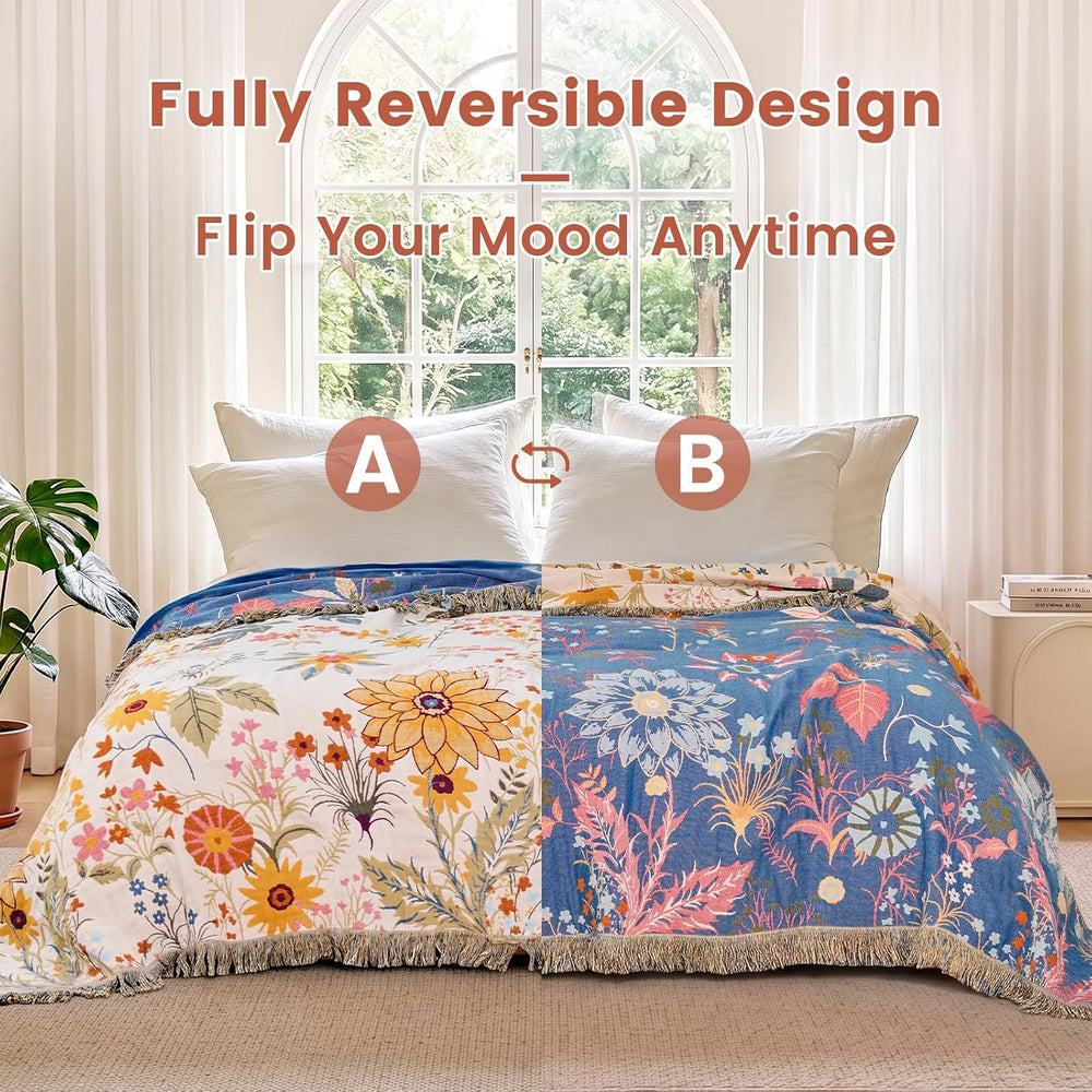 MSGKV Boho Throw Blanket 60"x80" Cotton Floral Twin Blanket for Cou...