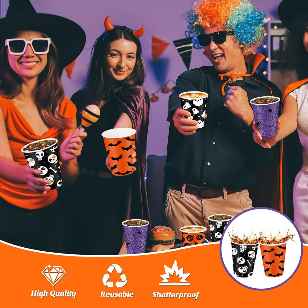 100 Set Halloween Disposable Coffee Cups with Lids 12oz, Bulk Black Orange Pu...