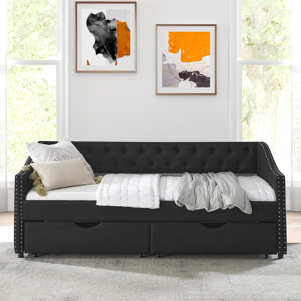 Daybed with Drawers, Modern Linen Upholstered Twin Size Day Bed Button-Tufted...