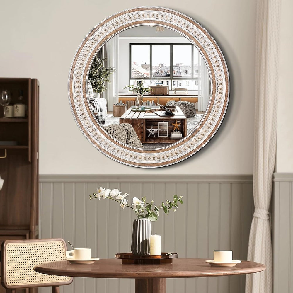 24 Inch Round Bathroom Mirror, Wooden Circular Mirrors for Wall Decor