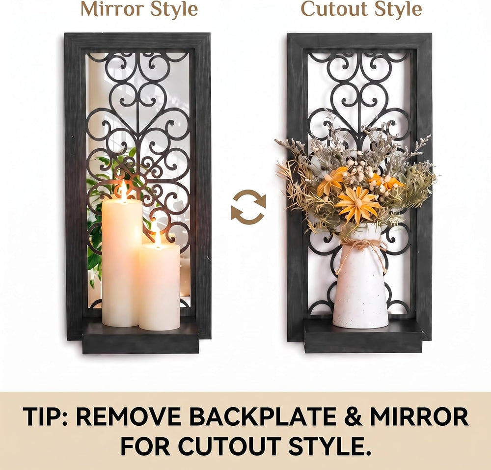 Black Gothic Wall Candle Sconces Set of 2 with Real Glass Mirror