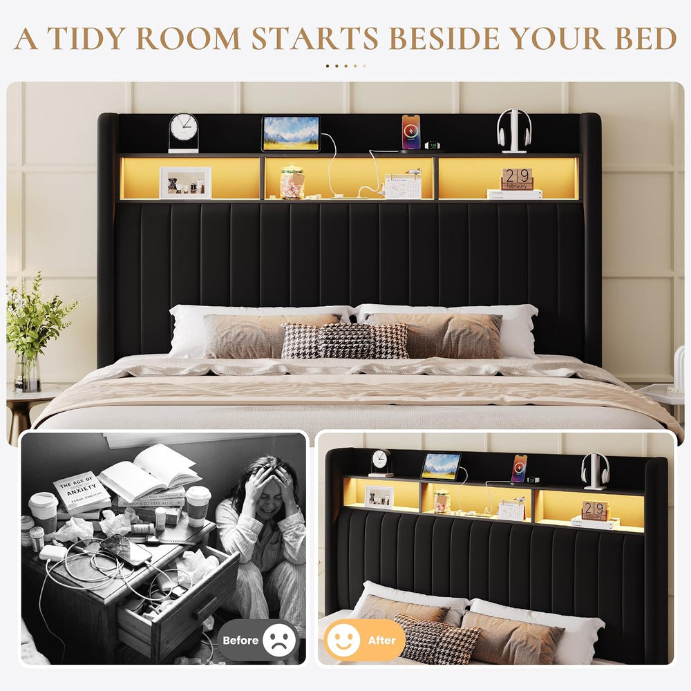 SHA CERLIN Full Size Platform Bed Frame / 2-Tier Storage Shelf/Velvet Wingbac...