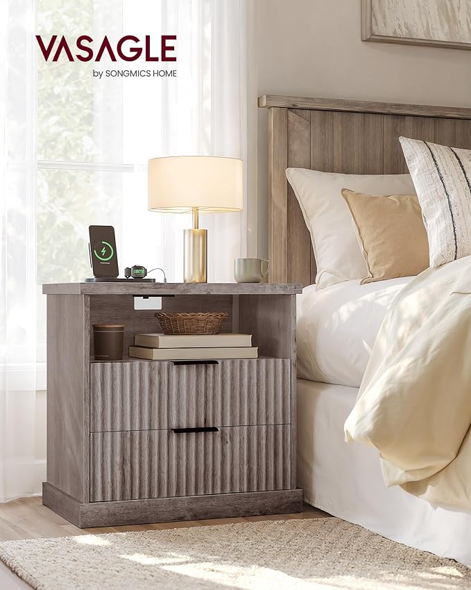 VASAGLE MAXE Collection - Nightstand with Charging Station, Bedside Table, Si...