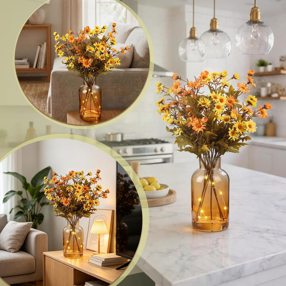 Artificial Daisy Flowers Fall Flowers in Amber Glass Vase with Faux Water