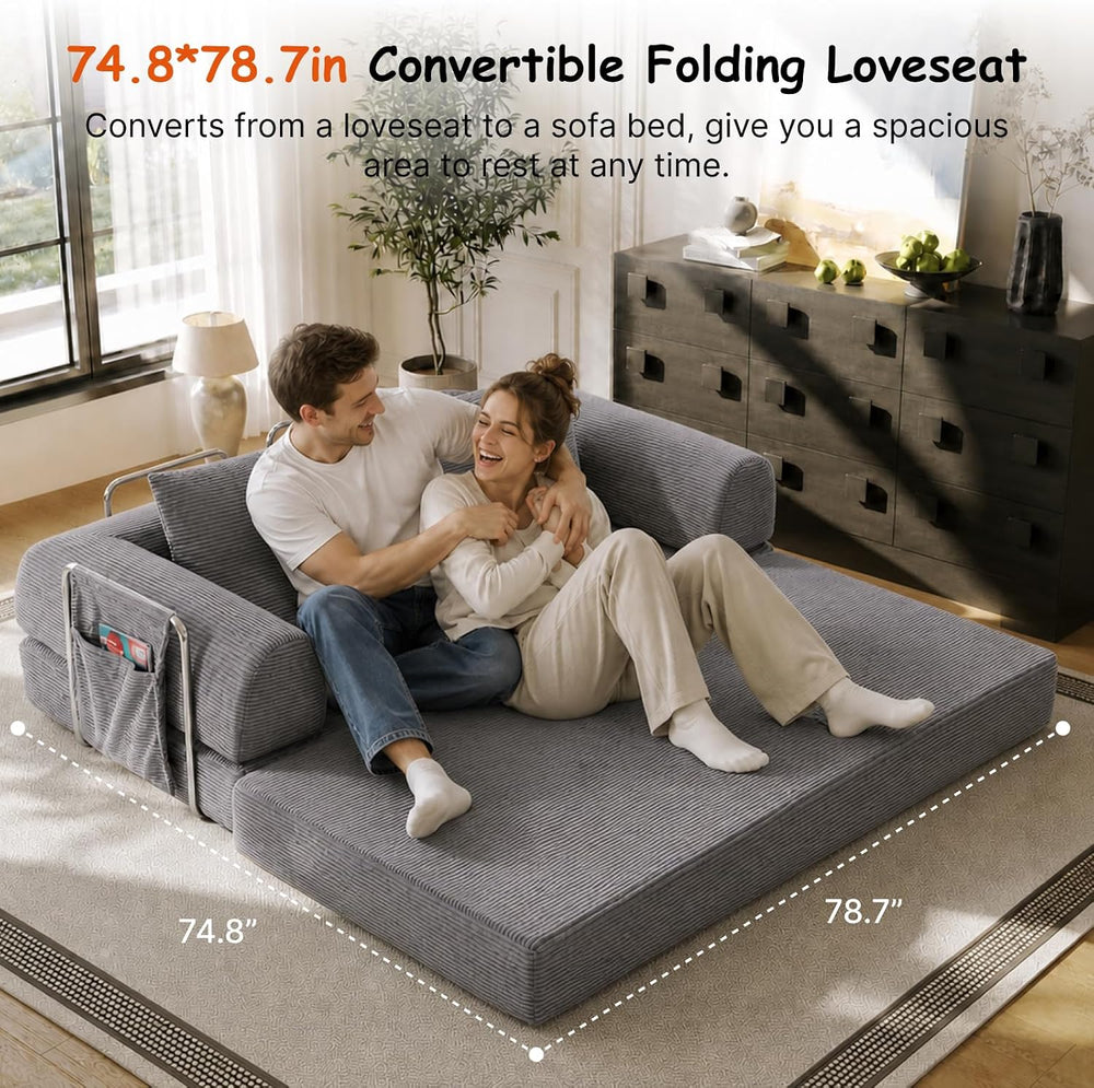 78" Convertible Sofa Bed, Corduroy Pull Out Couch with Fixed Frame &...