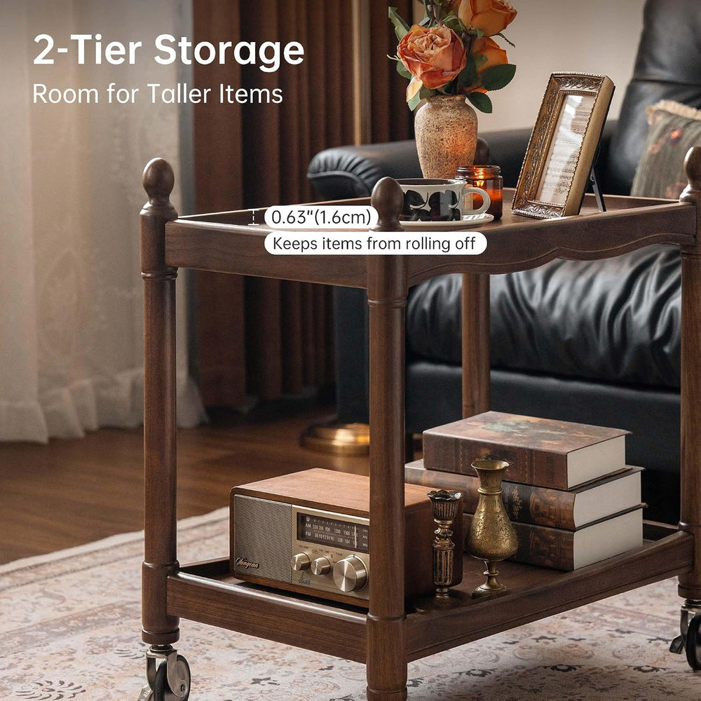 YESWOOD Vintage Walnut Side Table with Lockable Wheels, 2‑Tier Rolling End Ta...