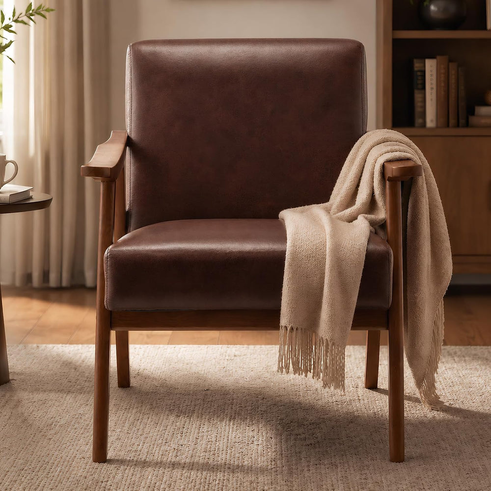 Anwick Mid-Century Modern Accent Chair,PU Leather Living Room Chair with Soli...