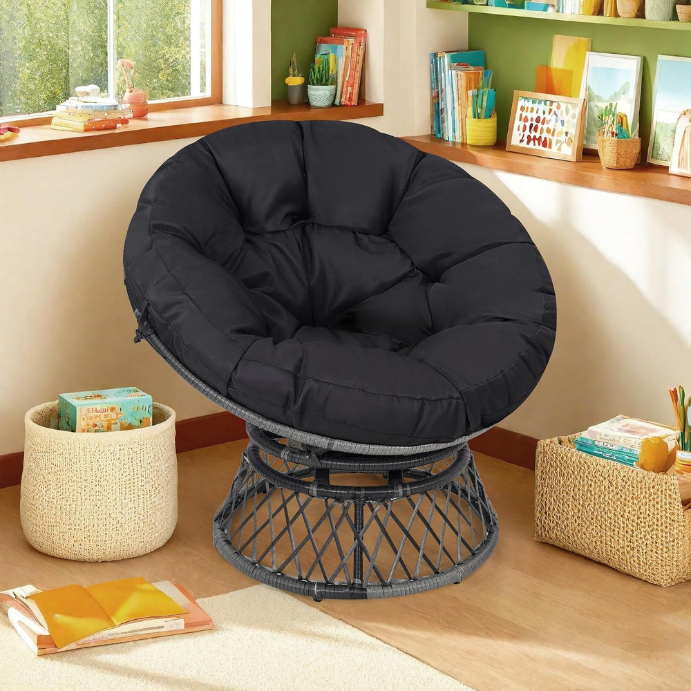 KROFEM 40" Ergonomic Wicker Papasan Chair, Grey Frame with Black Cushion