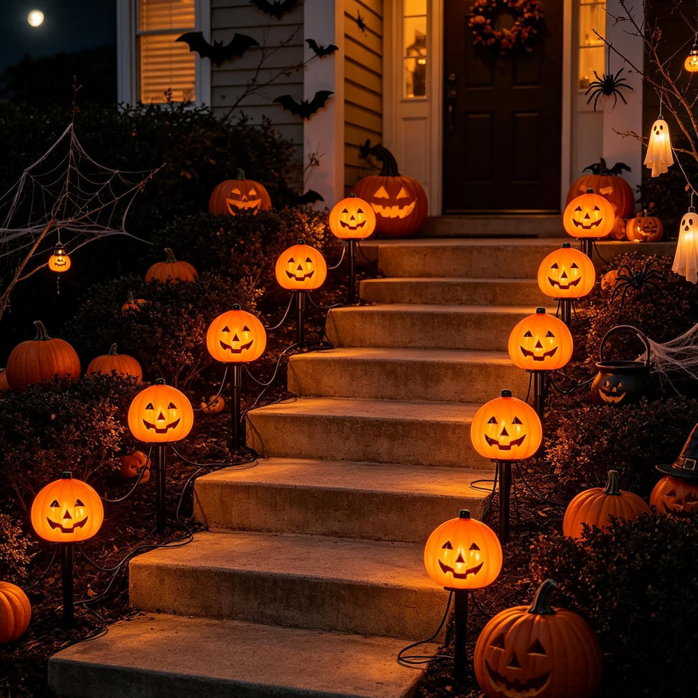2 Sets 7Ft Halloween Pathway Lights Outdoor Pumpkin Stake Light with 4 Jack-O...