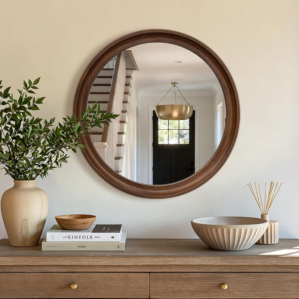 Round Wood Mirror, 22" Circle Mirror with Wooden Frame, Walnut Brown