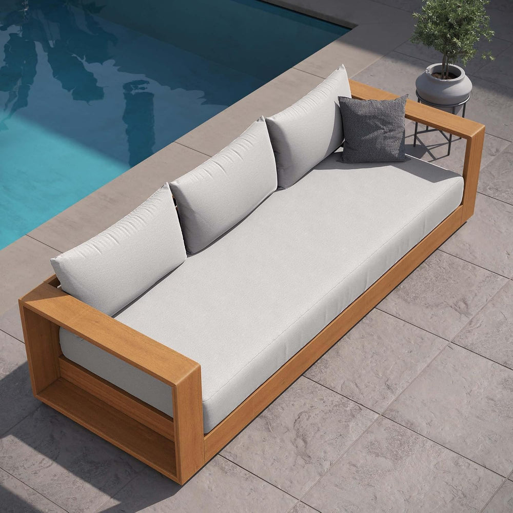 Modway Tahoe Acacia Wood Outdoor Patio Sofa in Natural Light Gray with Weathe...