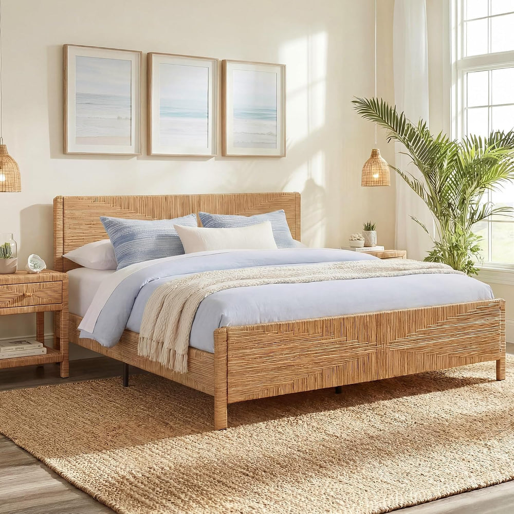 Brafab Hand-woven Rattan King Bed Frame with Headboard and Footboard