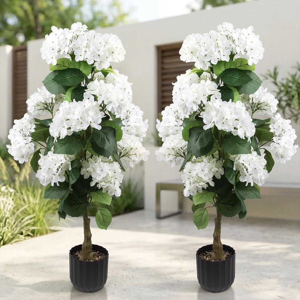 2 Pcs 3 Ft Artificial Hydrangea Trees Faux Potted Topiary for Outdoor