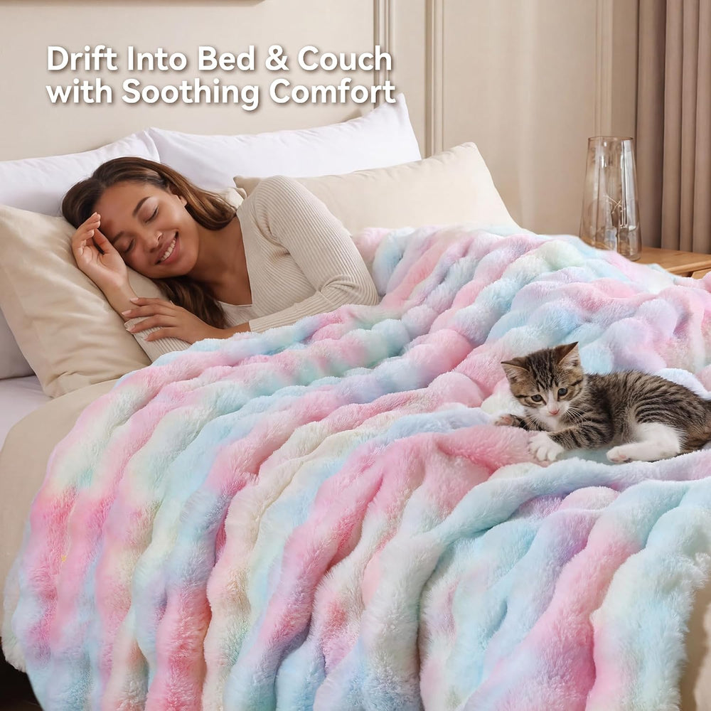 Faux Rabbit Fur Throw for Couch - Rainbow Bubble Blanket 50"x60"