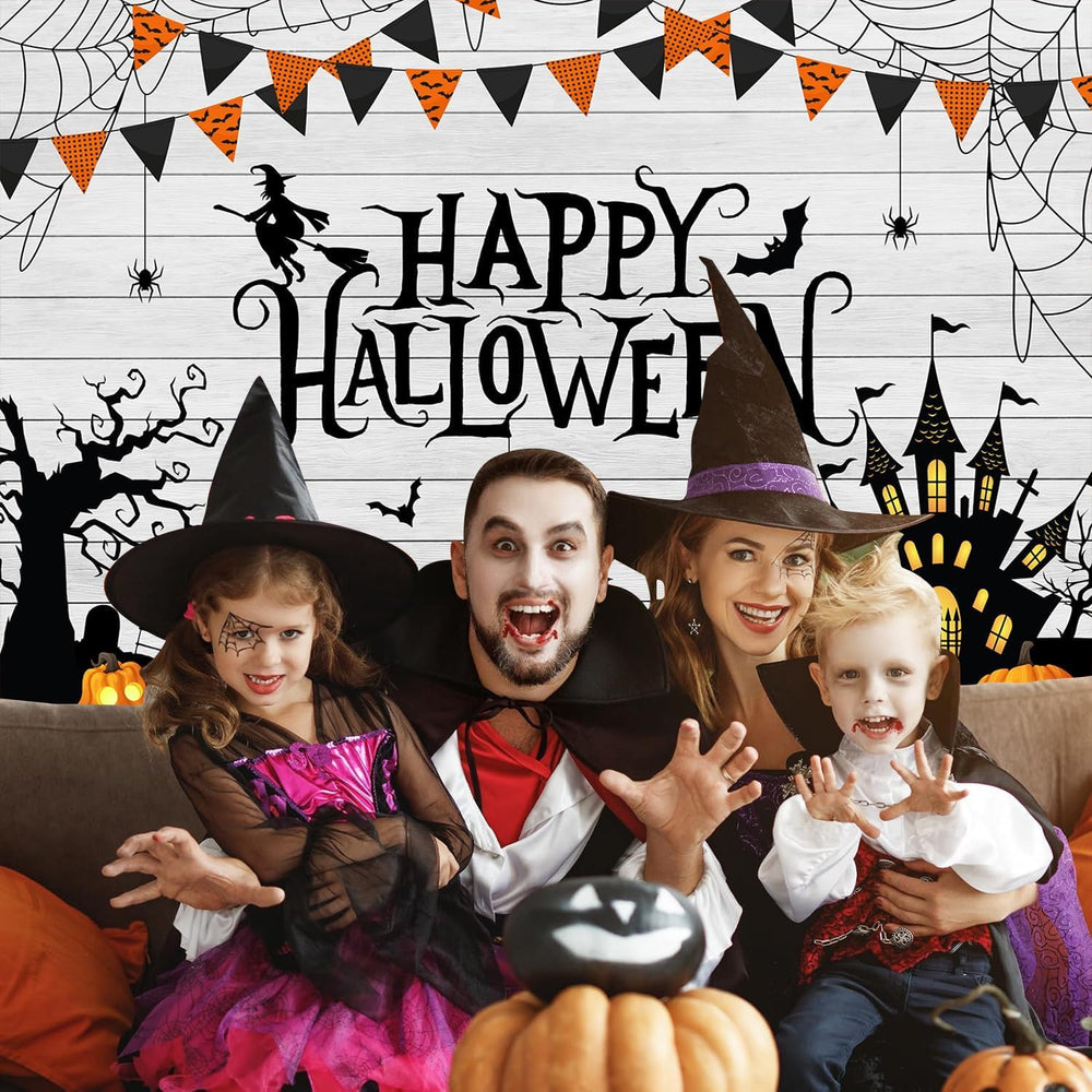 10x8ft Happy Halloween Backdrop Wooden Floor Horror Pumpkin Ghost Castle Witc...