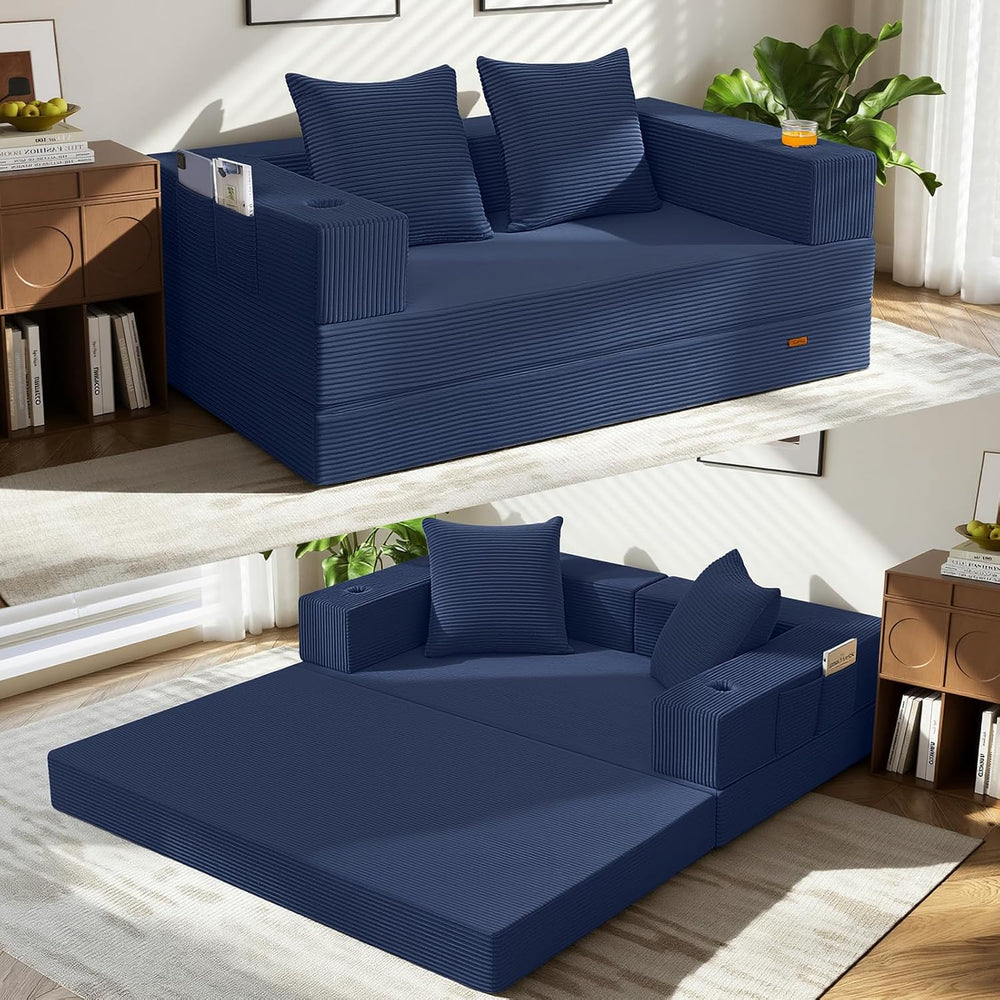 COMAX Boneless Futon Sofa Bed, 59" Small Low-Profile Floor Couch, Navy