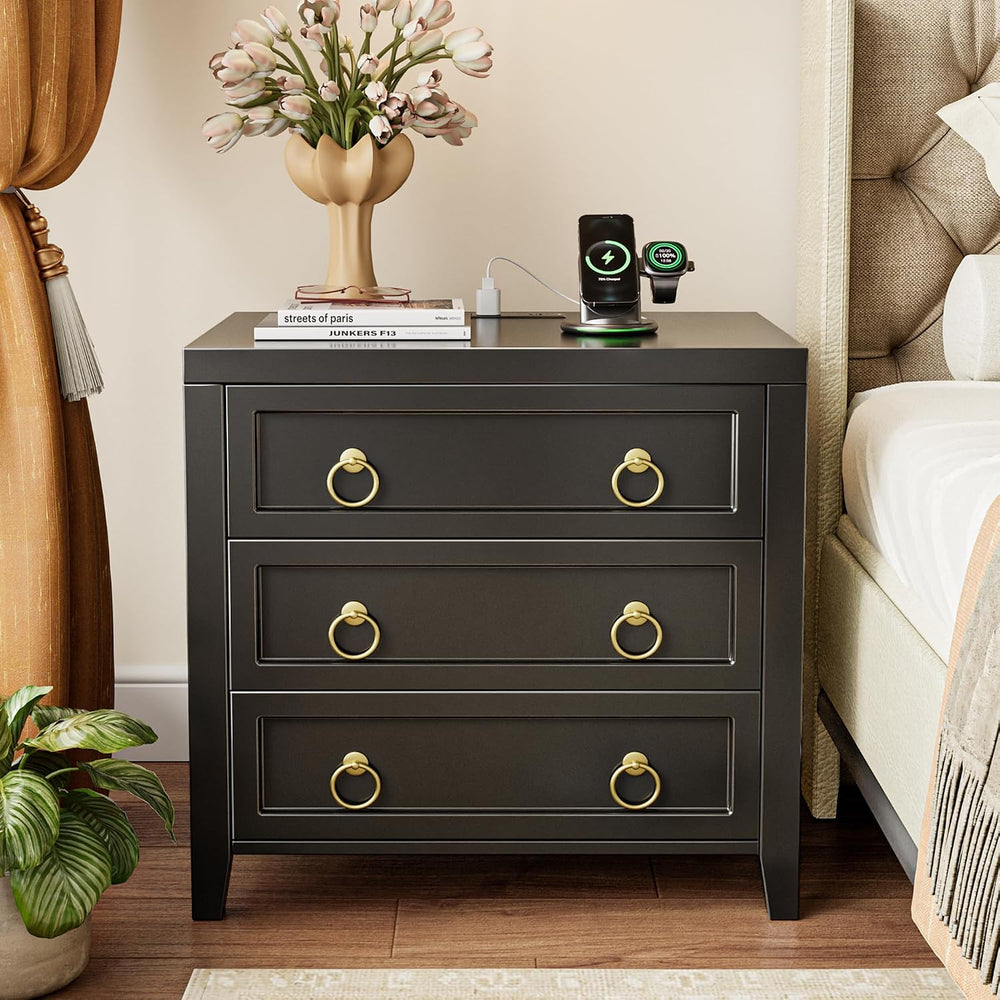 Huuger 23.6 Inch Night Stand with Charger Station and USB-C Port, 3 Drawer Ni...