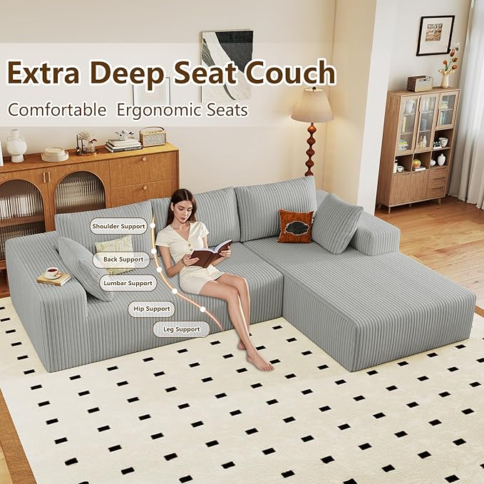 96" Modular Sectional Couch, Boneless L Shaped Cloud Sofa with Chaise Lo...