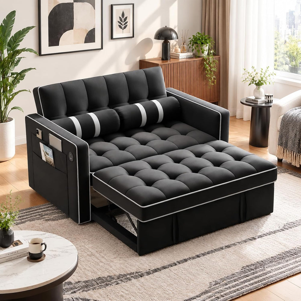 Marsail Futon Sleeper Sofa Bed, Convertible Pull Out Couch, Graphite Black