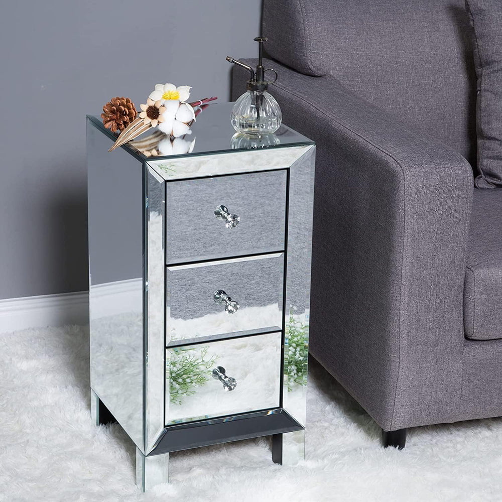 Bonnlo 3-Drawer Mirrored Nightstand Set of 2, End Table, Bedside Table, Glass...