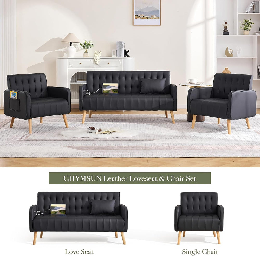Leather Accent Chair Set of 2, Living Room Chair with Wooden Legs (Black)
