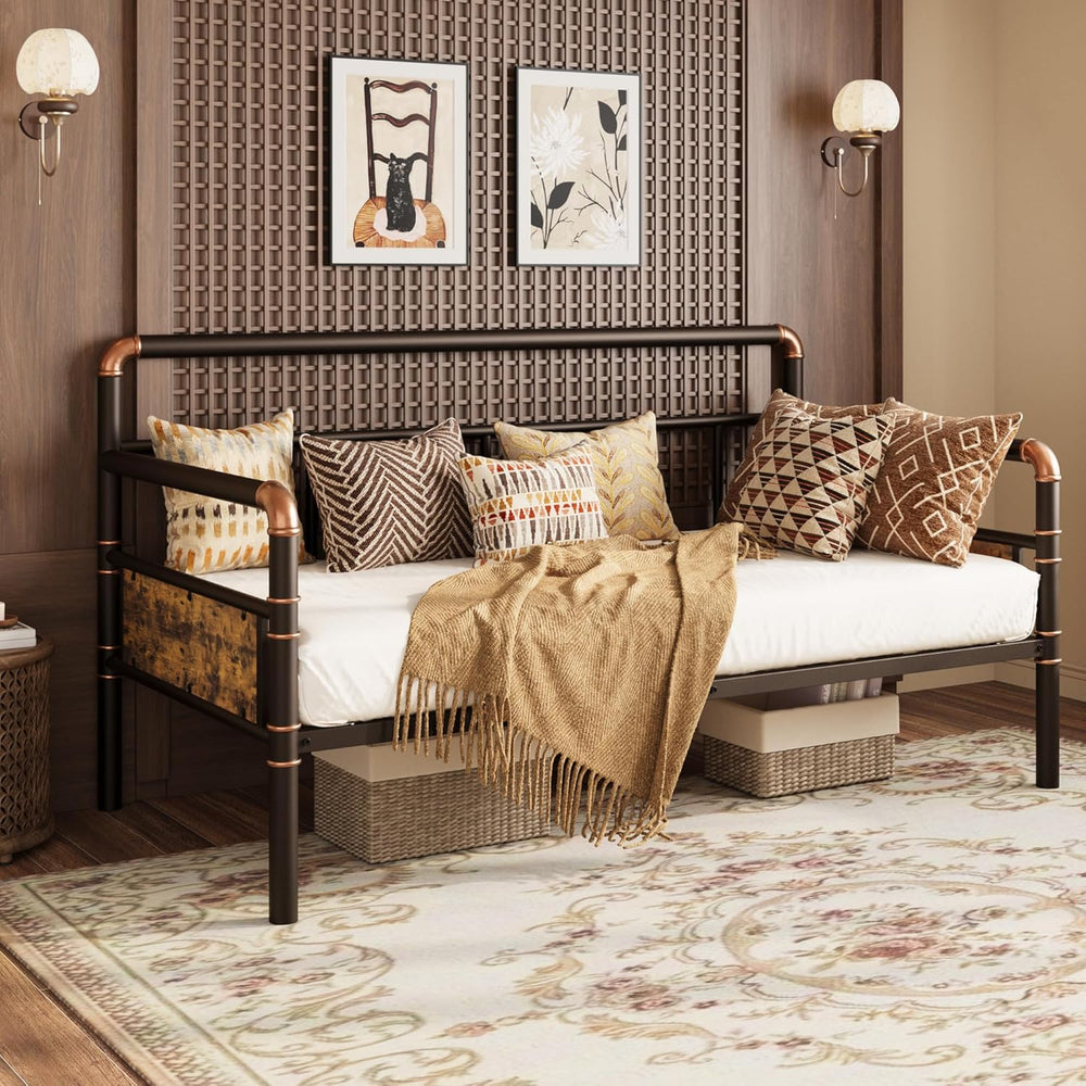 IDEALHOUSE Twin Daybed with Classic Headboard,Metal Twin Bed Frame,Brown