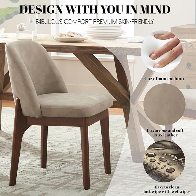VKNOW Modern Dining Chairs Set of 4, Faux Leather Kitchen Chairs with Wood Le...