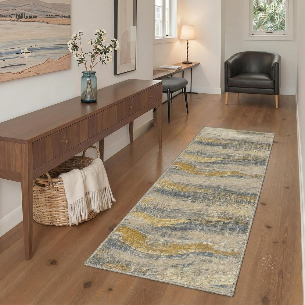 BEIMO 2x10 Non Slip Runner Rugs for Hallway, Wave Abstract Golden Beige