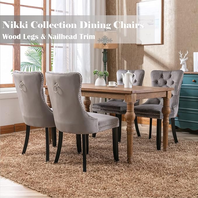 Grey Velvet Dining Chairs Set of 4, Upholstered Dining Room Chairs with Back ...