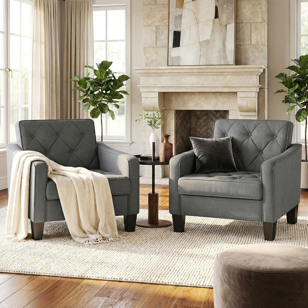Grey Accent Chairs Set of 2, Wide Comfy Arm Chairs for Living Room, Office