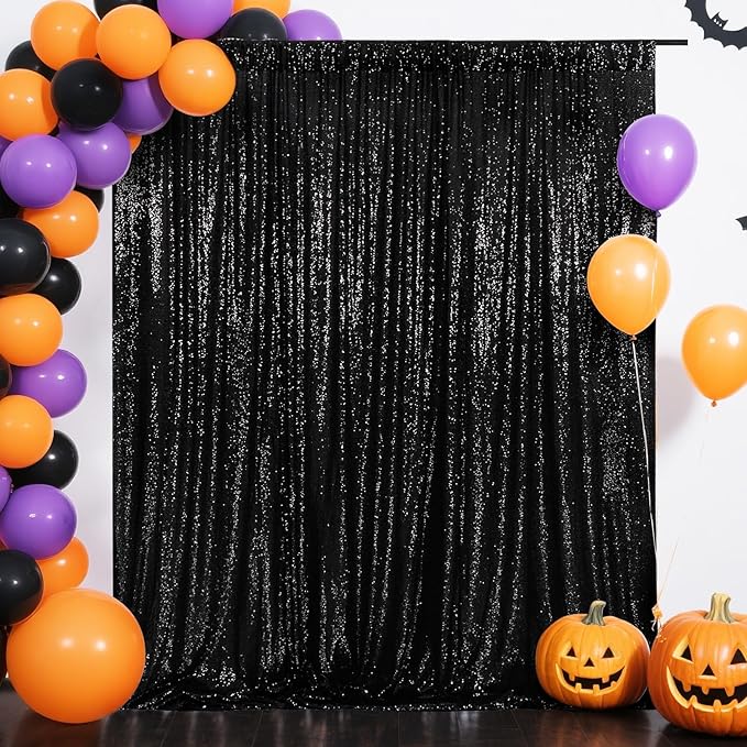 Eternal Beauty Black Thick Sequin Backdrop, 10x10 Ft Halloween Glitter Backgr...