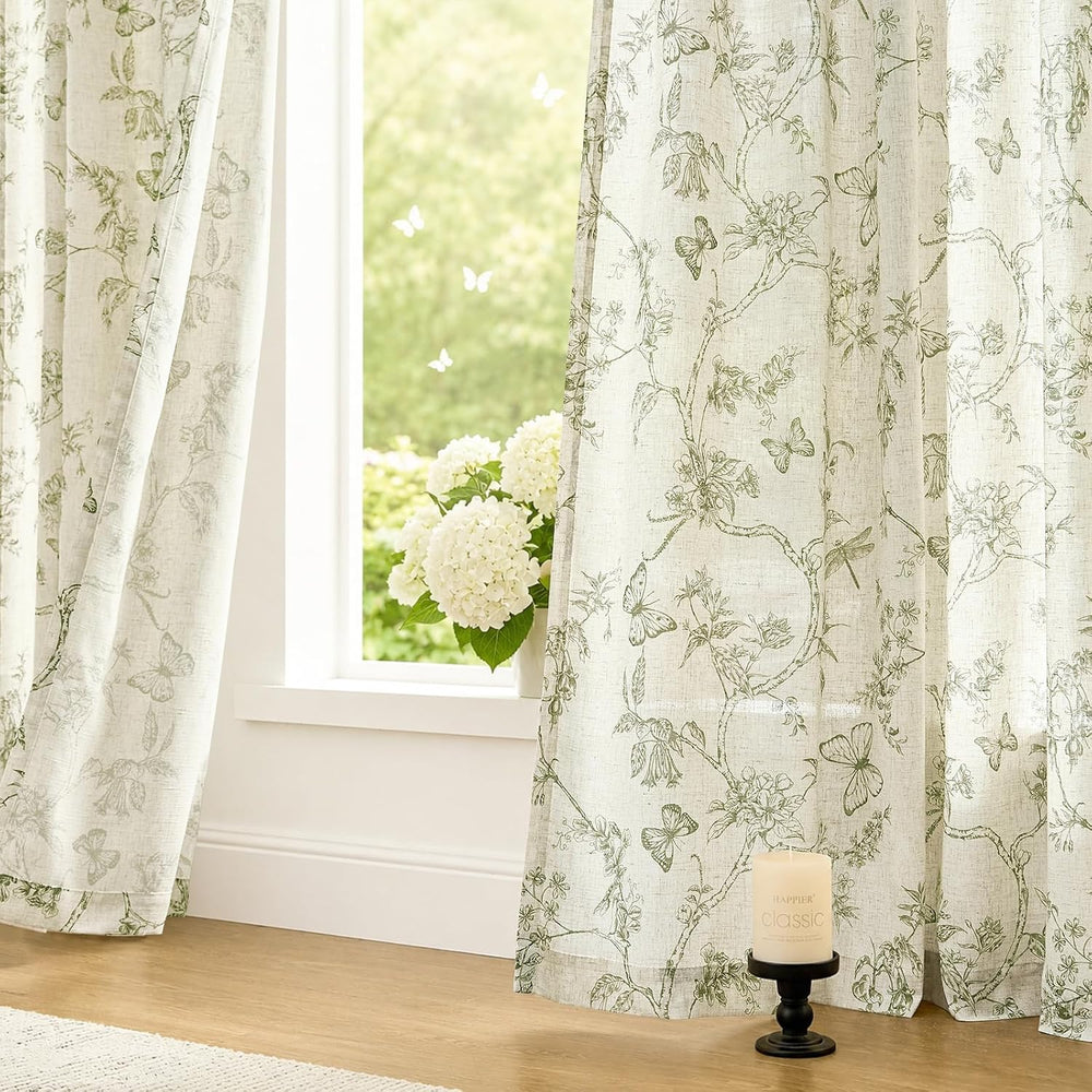 Lazzzy Green Floral Linen Curtains Farmhouse Rod Pocket 50W X 84L 2 Panels