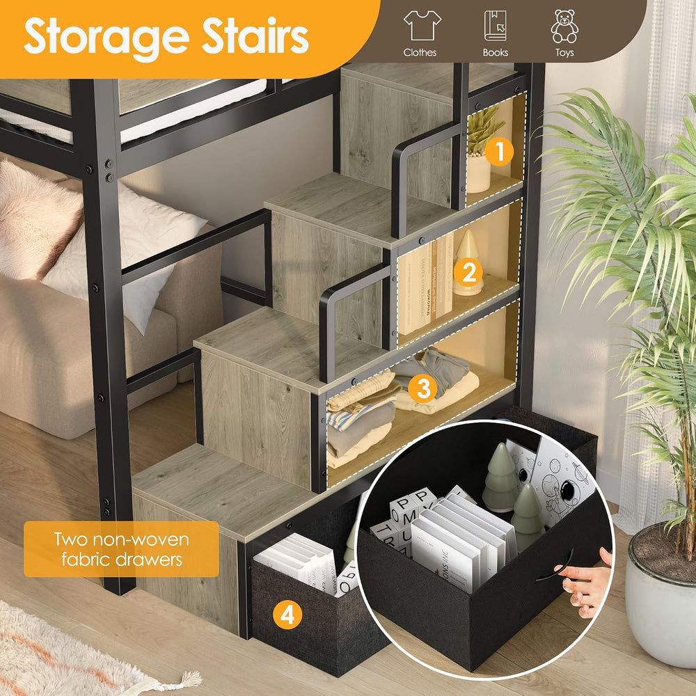 Twin Loft Bed with Stairs, Heavy Duty Metal with Storage, Black