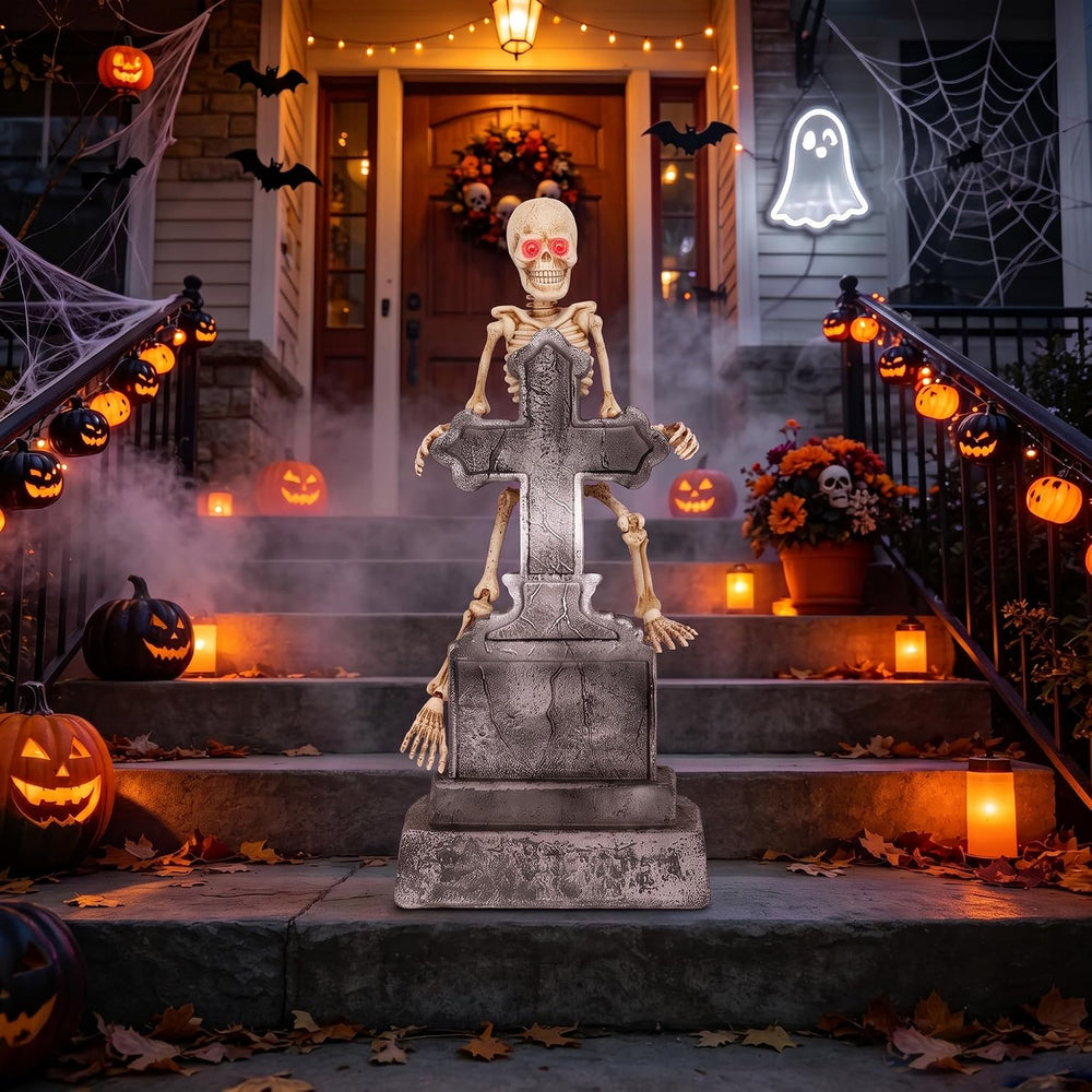46" Halloween Animatronic Tombstone Decor, SoundโActivated Swaying Skeleton