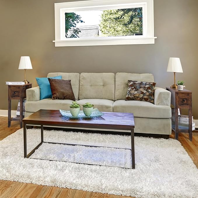 Brown 2 Pack Chairside Narrow End Table with Drawer, Solid Recliner Side Tabl...