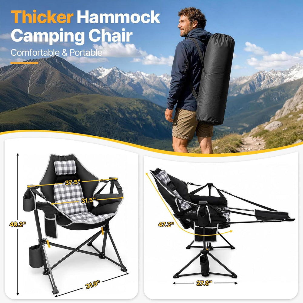 Suteck Hammock Camping Chair with Footrest, Thick Padded, Black Plaid