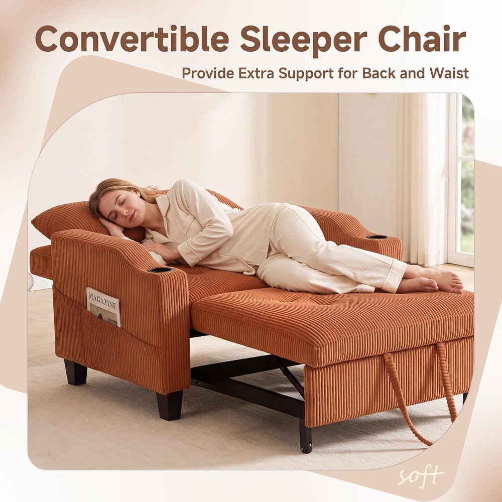 3 in 1 Convertible Sleeper Chair, Corduroy Single Sleeper Sofa Bed, Pull Out ...