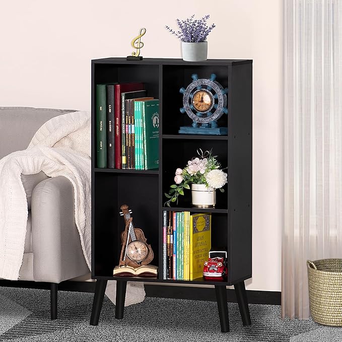 YAHARBO Small Black Narrow Bookshelf,3 Tier Modern Bookcase with Legs,Bookshe...
