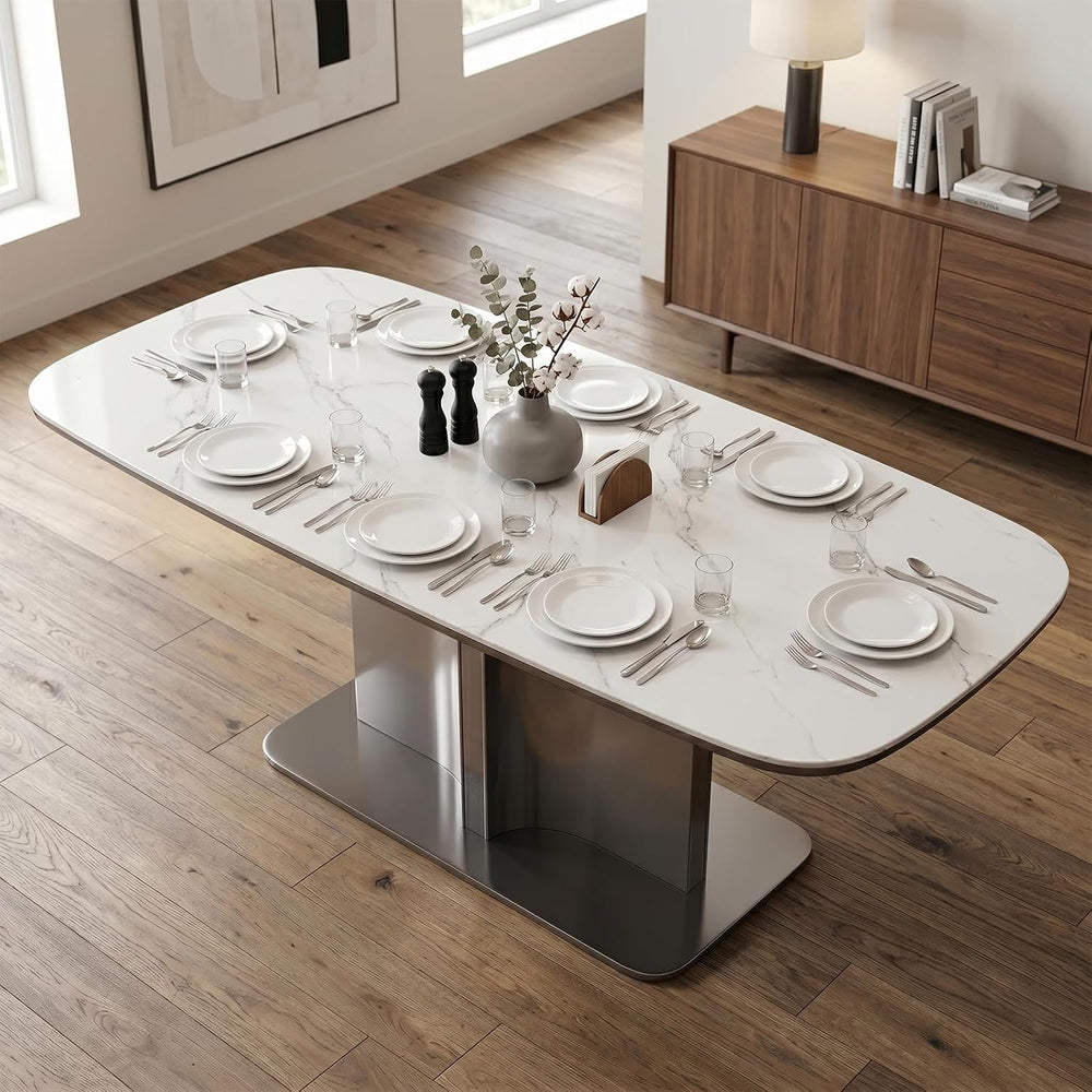 7 Piece Modern Dining Table Set, 71" Sintered Stone Kitchen Table