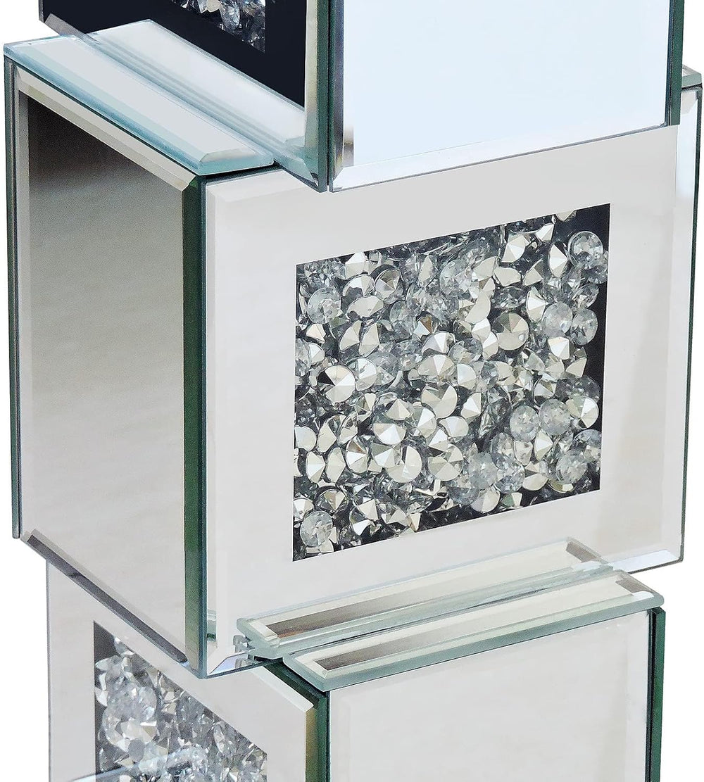 Silver Mirrored End Table With Crystal Inlay, Modern Side Table Accent Table,...