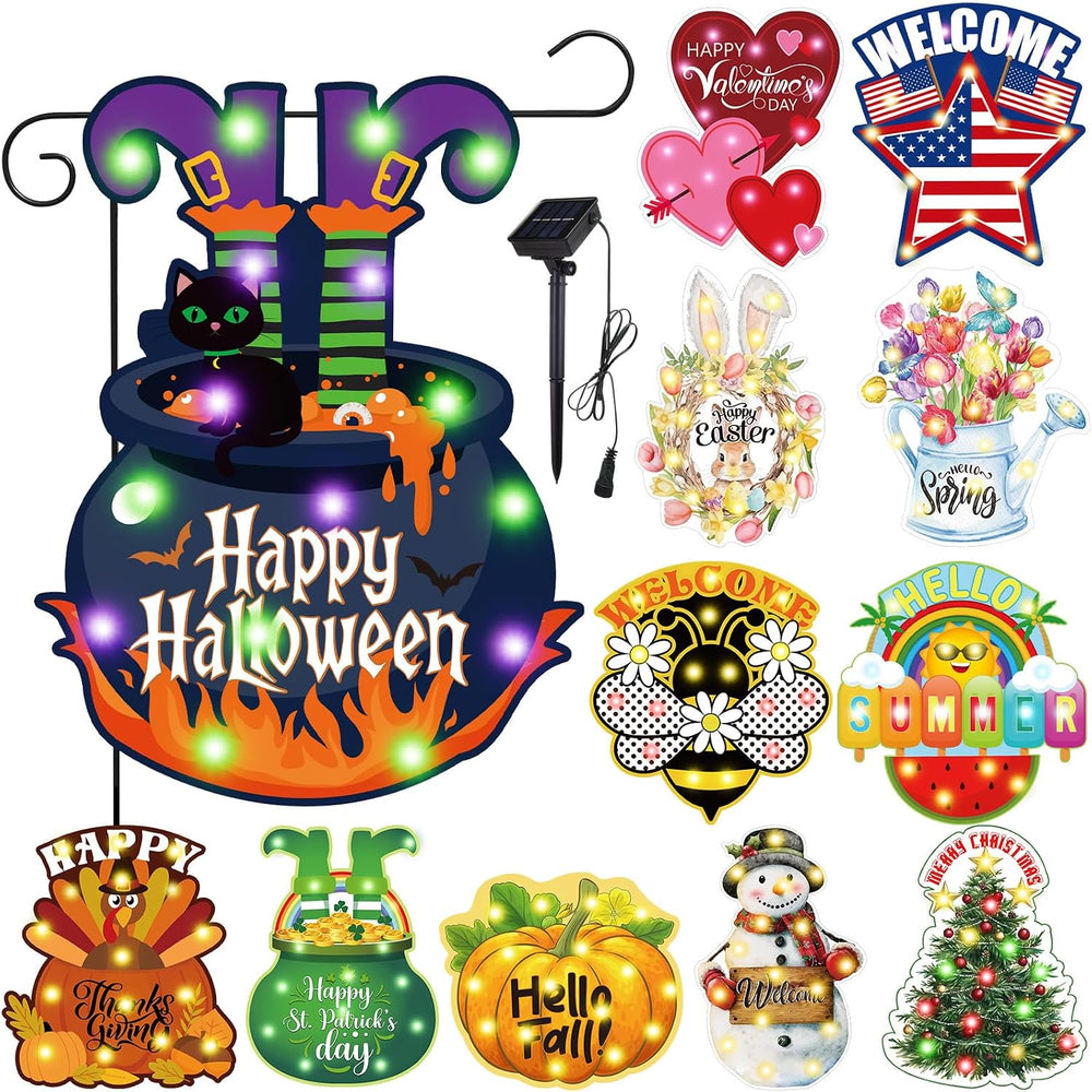 Reallnaive 12 Pcs Solar Seasonal LED Garden Flags 12 x 18 Inch Yard Flags 4th...