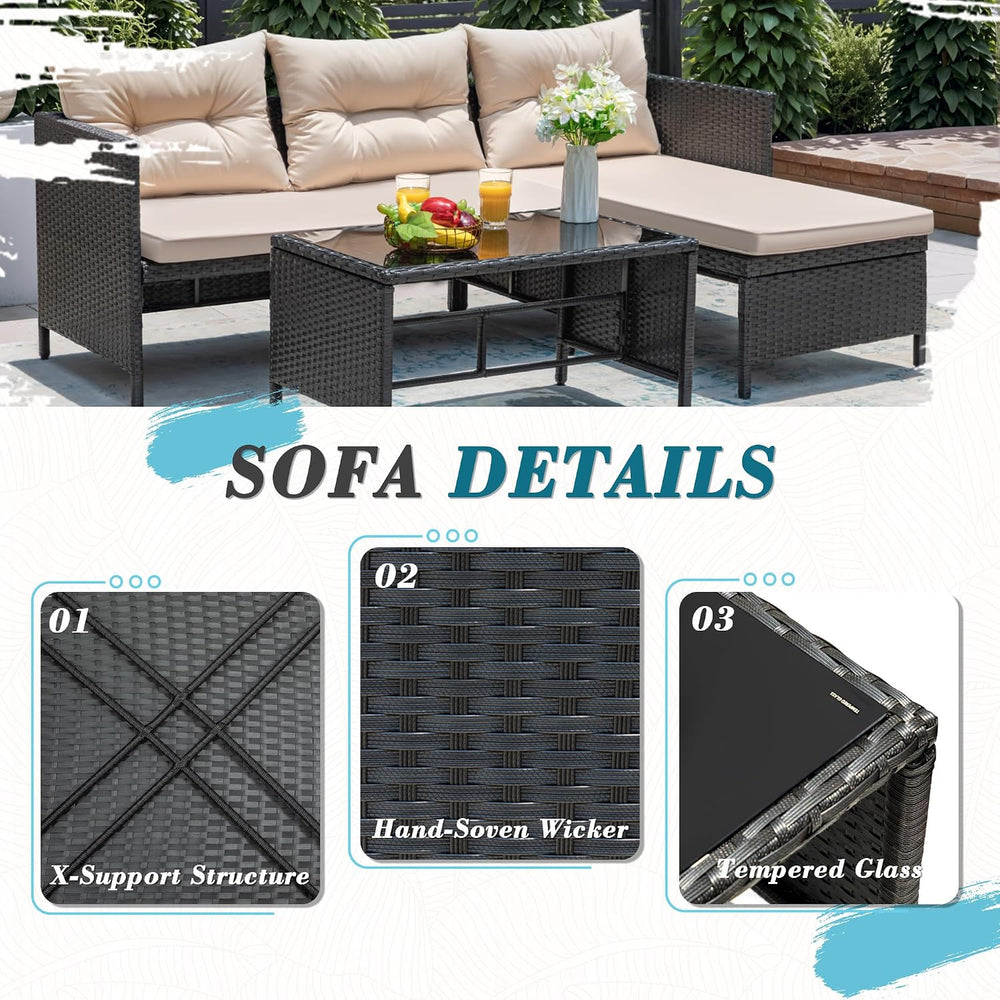 Greesum 3 Piece Patio Furniture Set Outdoor Wicker Sectional Sofa,Beige